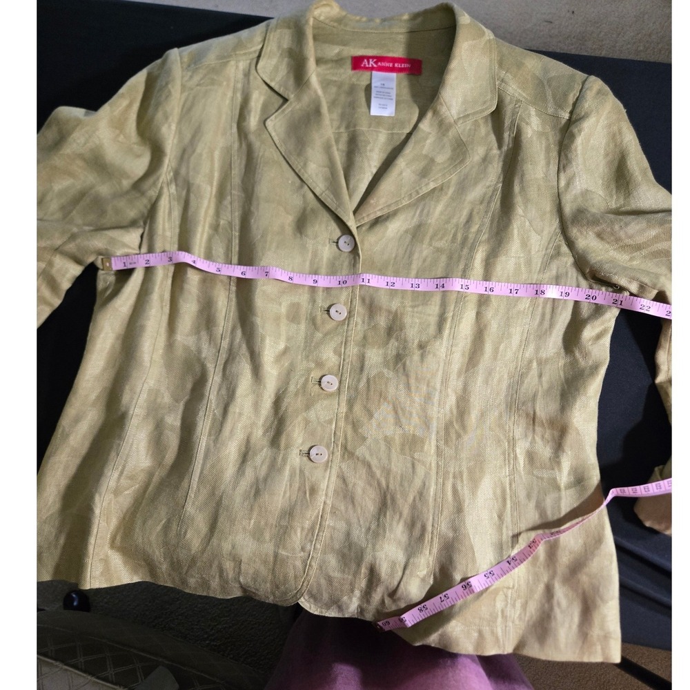 Anne Klein Blazer Women 16 Green Excellent 100% Linen Leaf Jacquard Button Front - Picture 6 of 7